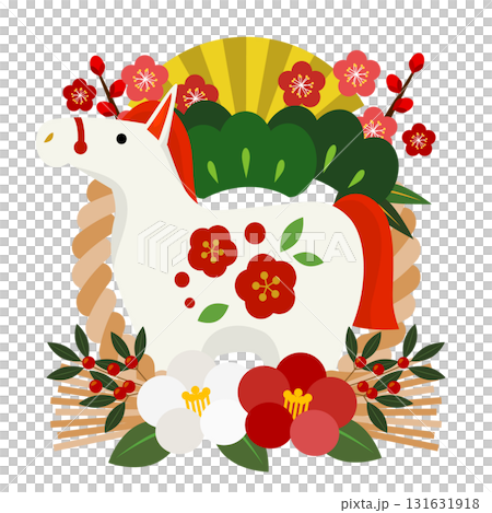 午年年賀アイコン07、しめ飾り、白馬、イラスト、かわいい 131631918