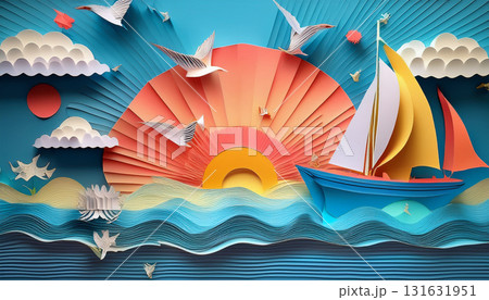 日の出の海のペーパークラフト 131631951