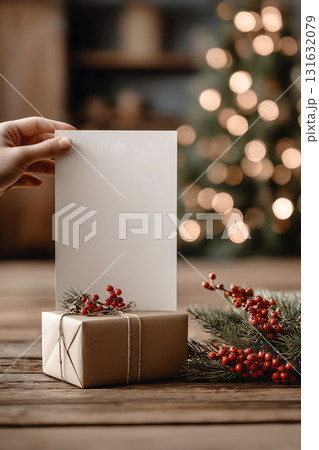 Person is holding a white card with a blank space on it 131632079