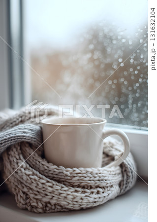 White mug with a white blanket on top of it White mug with a white blanket on top of it 131632104