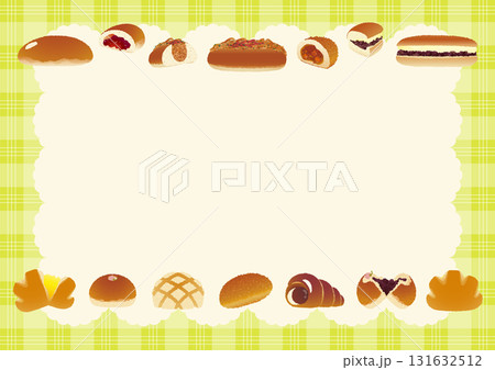 パンのフレーム_懐かしいパン勢揃い_チェック柄のテーブルクロスとランチマット_横位置黄緑色 131632512