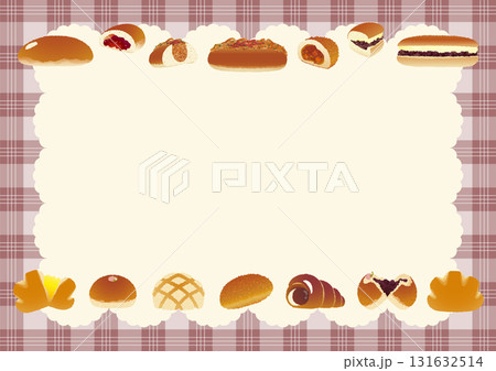 パンのフレーム_懐かしいパン勢揃い_チェック柄のテーブルクロスとランチマット_横位置こげ茶 131632514