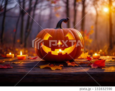 Festive Halloween pumpkin with candles surrounded by autumn leaves at sunset 131632590