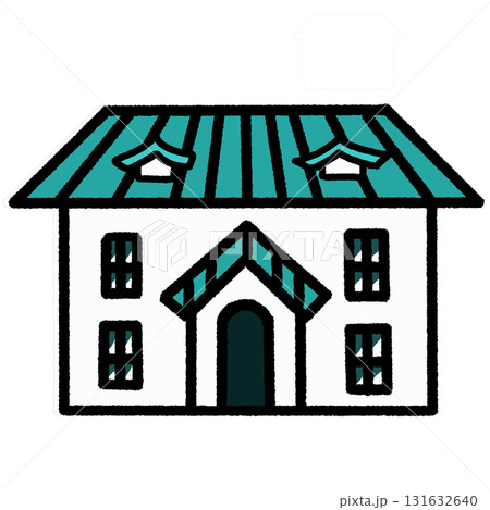 青緑色の屋根がある2階建てのお屋敷 131632640