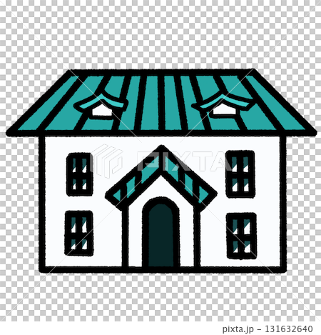 青緑色の屋根がある2階建てのお屋敷 131632640