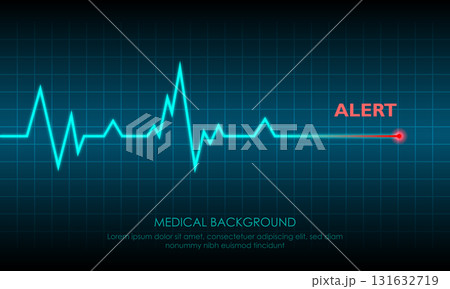 Illustration of Emergency ekg monitoring. Blue Glowing Neon Heart Pulse. Heartbeat. Dark Blue Background with a Grid. Vector Illustration. All in a single layer. 131632719