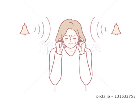 Stressed woman suffer from loud noise Stressed woman suffer from loud noise 131632755