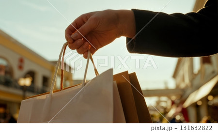 A person's hands holding a shopping bag. Shopping, retail, purchase, consumerism, lifestyle A person's hands holding a shopping bag. Shopping, retail, purchase, consumerism, lifestyle 131632822