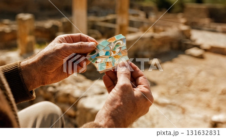 A person's hand holding a piece of mosaic. Mosaic, ancient art, history, heritage, archaeology 131632831