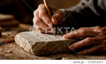 A person writing on a stone tablet with a chisel. Writing, ancient times, knowledge, communication, history 131632851