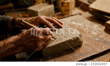 A person writing on a stone tablet with a chisel. Writing, ancient times, knowledge, communication, history A person writing on a stone tablet with a chisel. Writing, ancient times, knowledge, communication, history 131632857