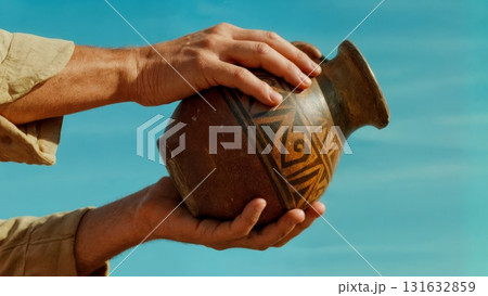 A person's hand holding a Greek amphora. Amphora, ancient pottery, art, culture, history 131632859