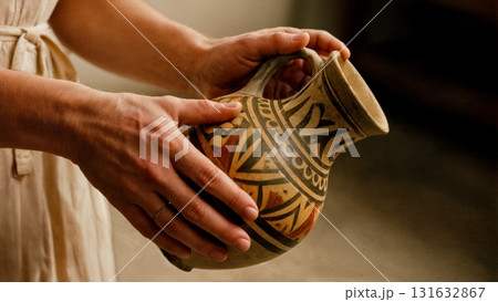 A person's hand holding a Greek amphora. Amphora, ancient pottery, art, culture, history A person's hand holding a Greek amphora. Amphora, ancient pottery, art, culture, history 131632867