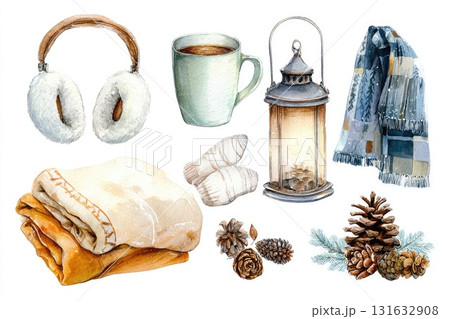 Cozy winter illustration featuring warm accessories, a lantern, and seasonal decorations 131632908
