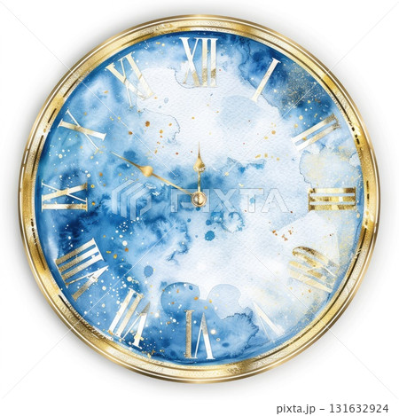 Elegant blue watercolor clock design with gold accents and Roman numerals for artistic decor 131632924