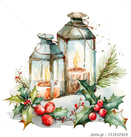 Watercolor illustration of decorative lanterns with candles surrounded by holly and pine branches Watercolor illustration of decorative lanterns with candles surrounded by holly and pine branches 131632928