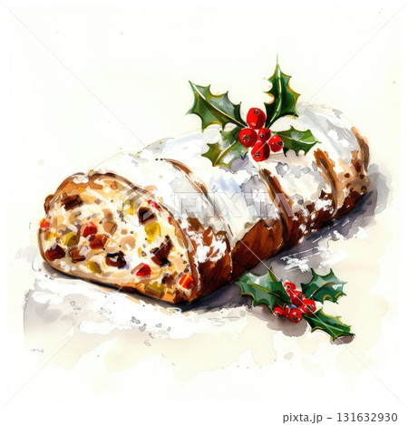Festive stollen bread with powdered sugar and holly leaves for holiday celebrations 131632930
