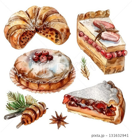 Festive dessert illustration featuring assorted cakes and pastries with decorative elements Festive dessert illustration featuring assorted cakes and pastries with decorative elements 131632941