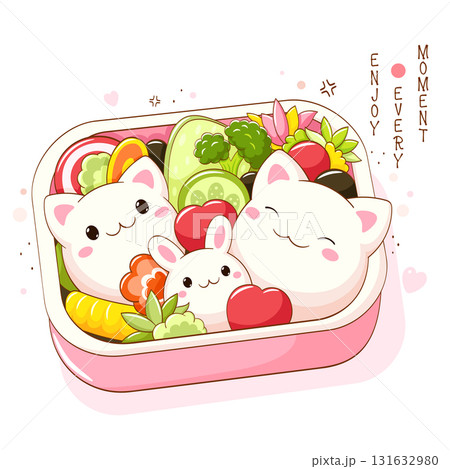 Bento box with cute animal-shaped food characters with smiling face and pink cheeks. Lunchbox set with healthy japanese traditional cuisine dishes. Takeaway homemade snacks. Vector illustration EPS8 Bento box with cute animal-shaped food characters with smiling face and pink cheeks. Lunchbox set with healthy japanese traditional cuisine dishes. Takeaway homemade snacks. Vector illustration EPS8 131632980