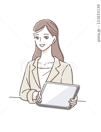 タブレットを使って案内をする笑顔のビジネスウーマンのイラスト素材 タブレットを使って案内をする笑顔のビジネスウーマンのイラスト素材 131633139