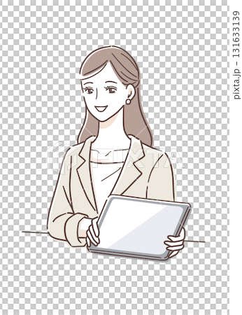 一位微笑的女商人使用平板電腦提供指導的插圖素材 一位微笑的女商人使用平板電腦提供指導的插圖素材 131633139
