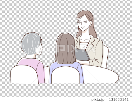父母和孩子在櫃檯諮詢以及女性代表的插圖素材 父母和孩子在櫃檯諮詢以及女性代表的插圖素材 131633141