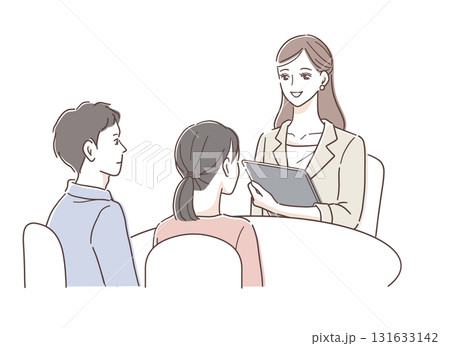 窓口で説明を受ける若い夫婦と担当者のイラスト素材 131633142