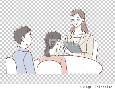 窓口で説明を受ける若い夫婦と担当者のイラスト素材 131633142