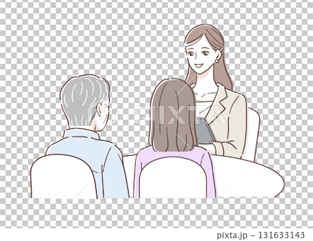 Illustration material of a woman at the reception desk receiving consultations from parents and children 131633143