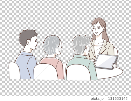 Illustration material of a senior couple and their son consulting a woman in a suit Illustration material of a senior couple and their son consulting a woman in a suit 131633145