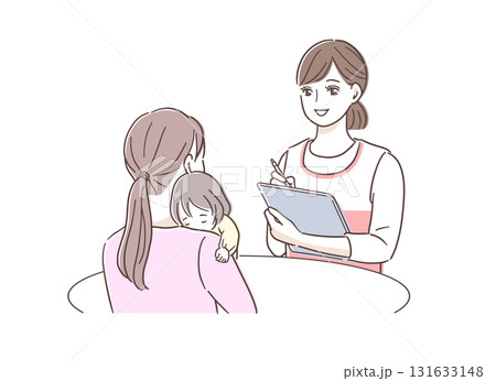 保育士の女性に相談をする赤ちゃんを抱いた母親のイラスト素材 131633148