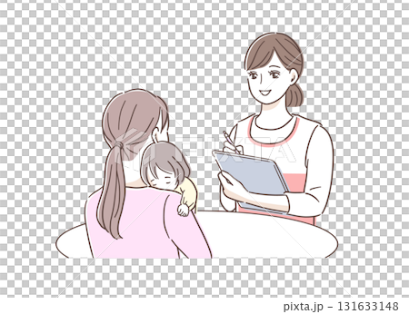 保育士の女性に相談をする赤ちゃんを抱いた母親のイラスト素材 131633148