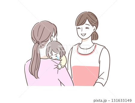母親から離れるのを嫌がる子供と笑顔の保育士のイラスト素材 131633149
