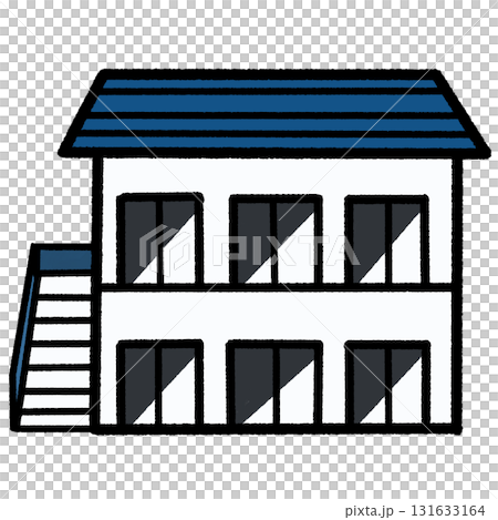 Two-story apartment building with a blue roof Two-story apartment building with a blue roof 131633164