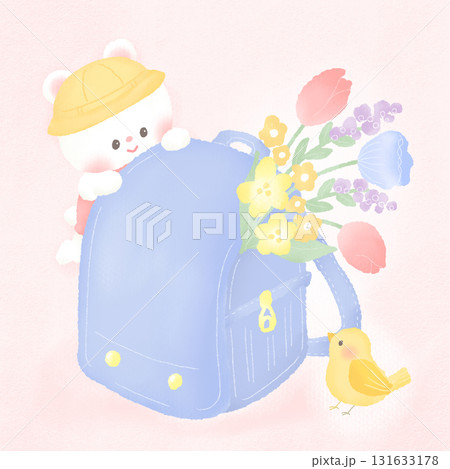 春_入学 ランドセルと花 くま 小鳥 春_入学 ランドセルと花 くま 小鳥 131633178