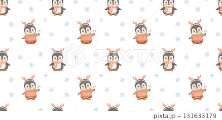 Seamless watercolor pattern with cute penguin character in red sweater and snowflake. Endless background for kids. Winter backdrop Seamless watercolor pattern with cute penguin character in red sweater and snowflake. Endless background for kids. Winter backdrop 131633179