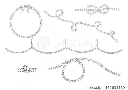 Rope round frame, knot and lasso. Line art. Vector drawing of circle. String wreath with loops. Outline nautical sketch 131633180