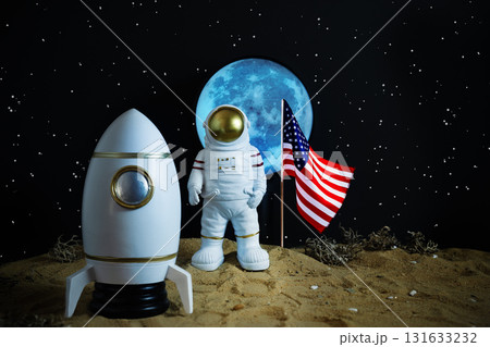 Sci-fi scene of astronaut with American flag beside spacecraft, full Moon shining above, concept of interplanetary exploration, innovation, and patriotic spirit. Astronaut and shuttle under Moon. Sci-fi scene of astronaut with American flag beside spacecraft, full Moon shining above, concept of interplanetary exploration, innovation, and patriotic spirit. Astronaut and shuttle under Moon. 131633232