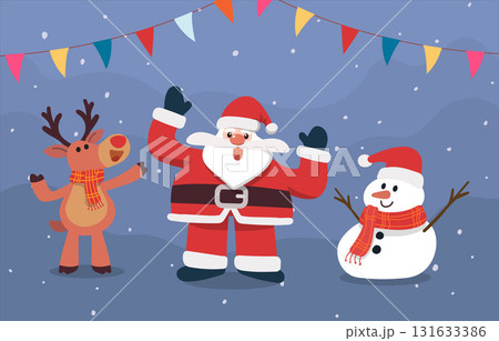 Reindeer, gingerbread, Santa Claus, and Merry Christmas cartoon characters are cheerful and happy with rainbow paper on the background, perfect for Christmas design. Vector design illustration. Reindeer, gingerbread, Santa Claus, and Merry Christmas cartoon characters are cheerful and happy with rainbow paper on the background, perfect for Christmas design. Vector design illustration. 131633386