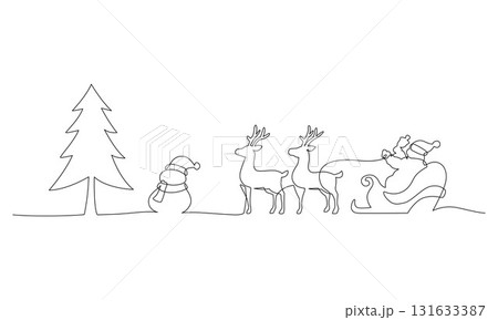 Continuous line drawing of Santa Claus riding a sleigh, reindeer, snowman, Christmas tree, Minimalist style. Suitable for Christmas design, greeting cards and graphic decoration. Vector illustration. Continuous line drawing of Santa Claus riding a sleigh, reindeer, snowman, Christmas tree, Minimalist style. Suitable for Christmas design, greeting cards and graphic decoration. Vector illustration. 131633387