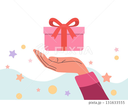 Hand holding gift box giving on Christmas, Birthday or any special occasion, Suitable for card and graphic design. Flat vector design illustration. Hand holding gift box giving on Christmas, Birthday or any special occasion, Suitable for card and graphic design. Flat vector design illustration. 131633555