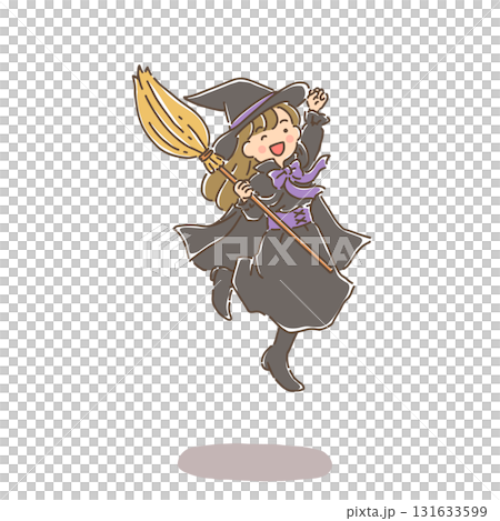 一名年輕女子扮成女巫，拿著掃把跳躍 131633599