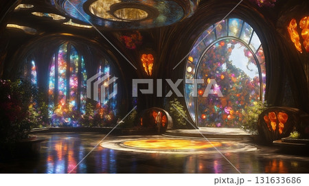 Grand hall with archways and colorful stained glass. Luxurious interior design. 131633686