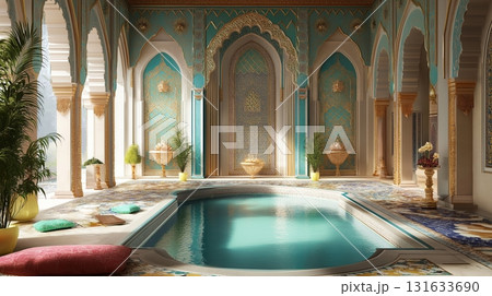 Elegant ornate hallway with colorful arabesque patterns and arcades. Elegant ornate hallway with colorful arabesque patterns and arcades. 131633690