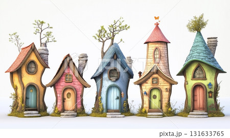 Colorful whimsical cottages in a charming village unique designs and playful architecture 131633765
