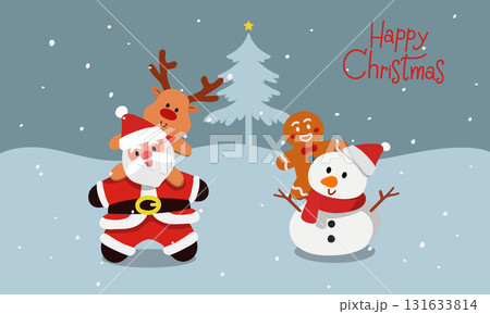 Cute Christmas characters decorated with Santa Claus, snowman, reindeer, gingerbread man, Christmas tree, and snow, perfect for festive designs. Flat vector design illustrations. Cute Christmas characters decorated with Santa Claus, snowman, reindeer, gingerbread man, Christmas tree, and snow, perfect for festive designs. Flat vector design illustrations. 131633814