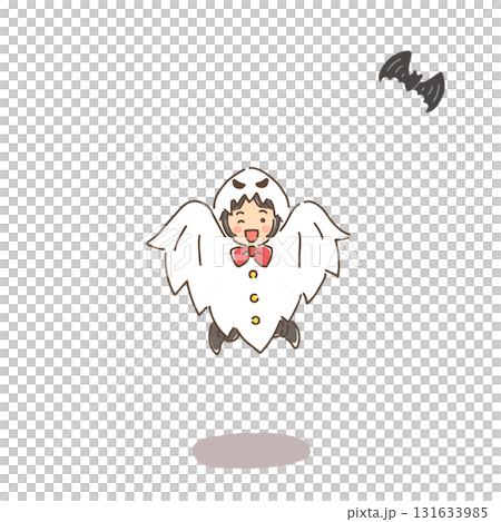 A girl dressed as a ghost jumping around and a flying bat 131633985