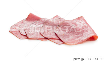 Sliced beef pastrami isolated on white background. 131634198