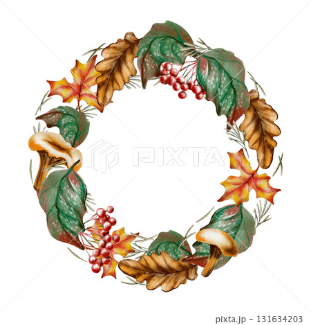 Mushrooms,maple,oak and viburnum foliage,berries,wheat sprigs and pine needles in a circular autumn wreath.Hand drawn wildlife illustration for decorating cards isolated on transparent background 131634203