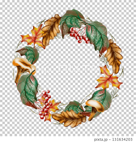Mushrooms,maple,oak and viburnum foliage,berries,wheat sprigs and pine needles in a circular autumn wreath.Hand drawn wildlife illustration for decorating cards isolated on transparent background 131634203